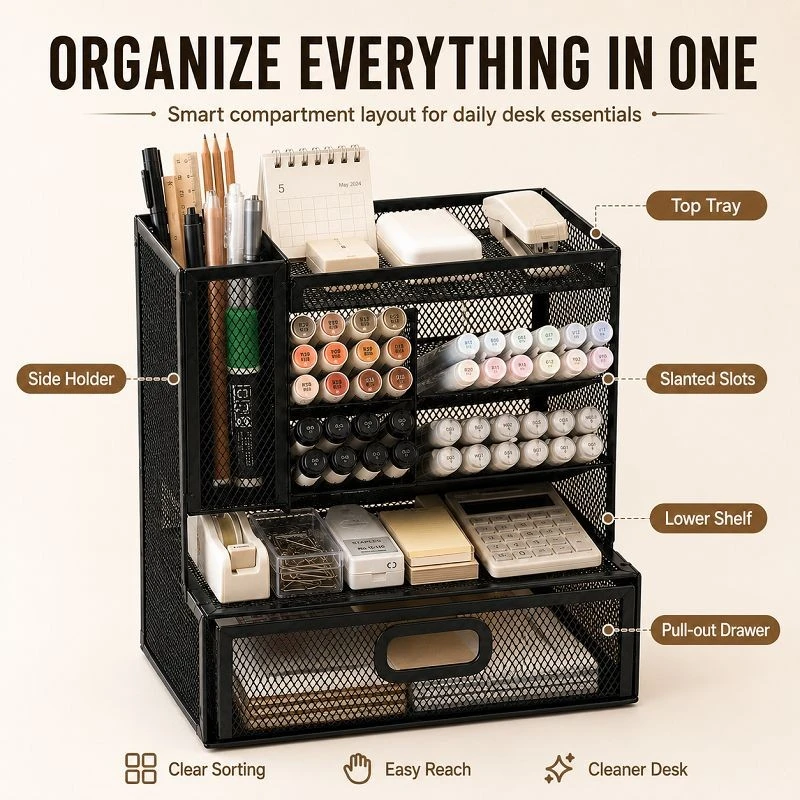 Left‑vertical Multi‑compartment Drawer Pen Caddy high quality